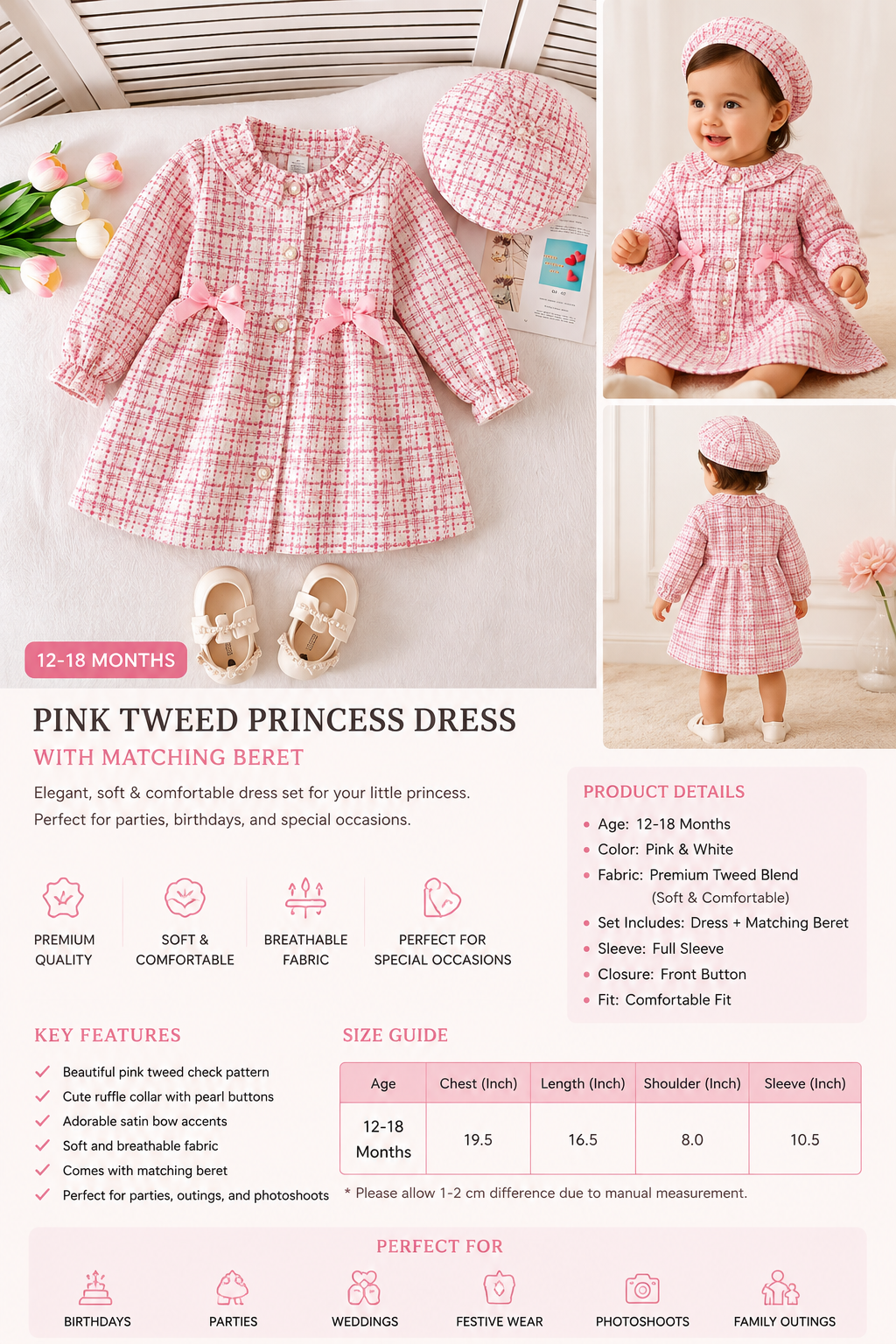 Pink Tweed Princess Dress with Matching Beret for Girls | Premium Party Wear | GENZ KIDS.CO