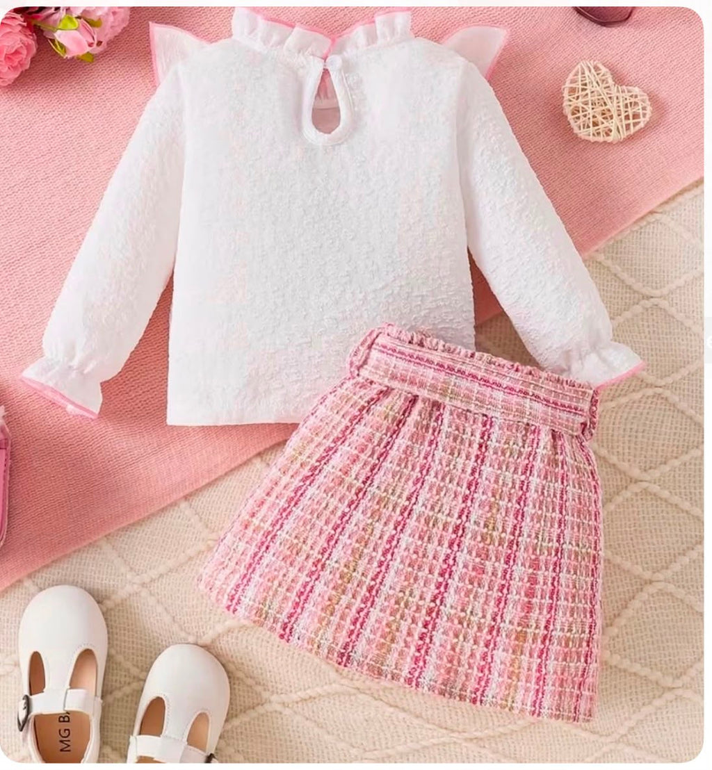 Korean Style Pink Tweed Bow Dress Set for Girls