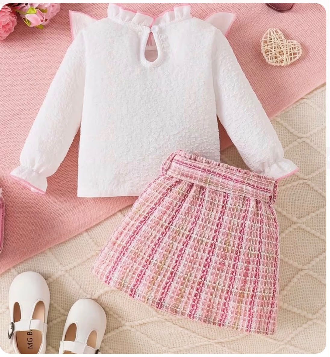 Korean Style Pink Tweed Bow Dress Set for Girls