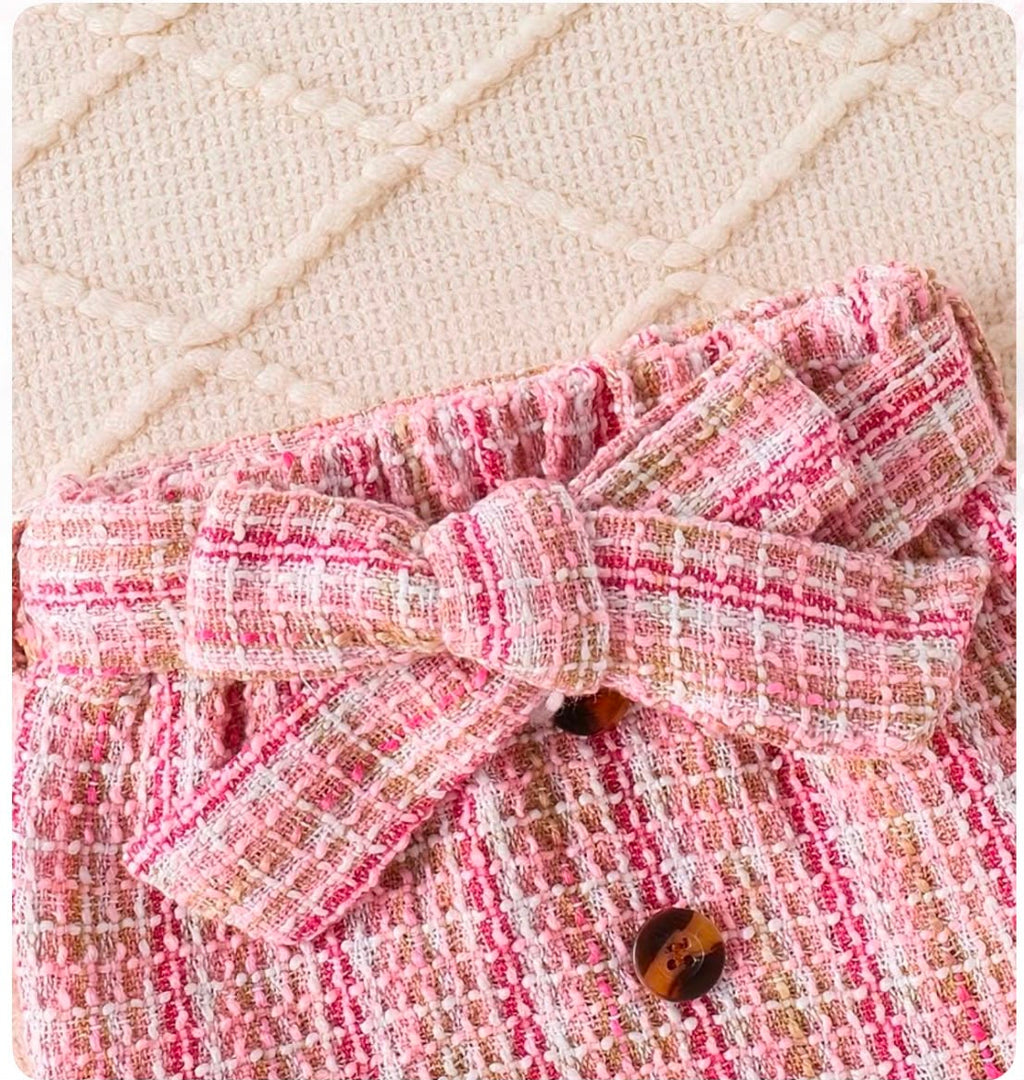 Korean Style Pink Tweed Bow Dress Set for Girls