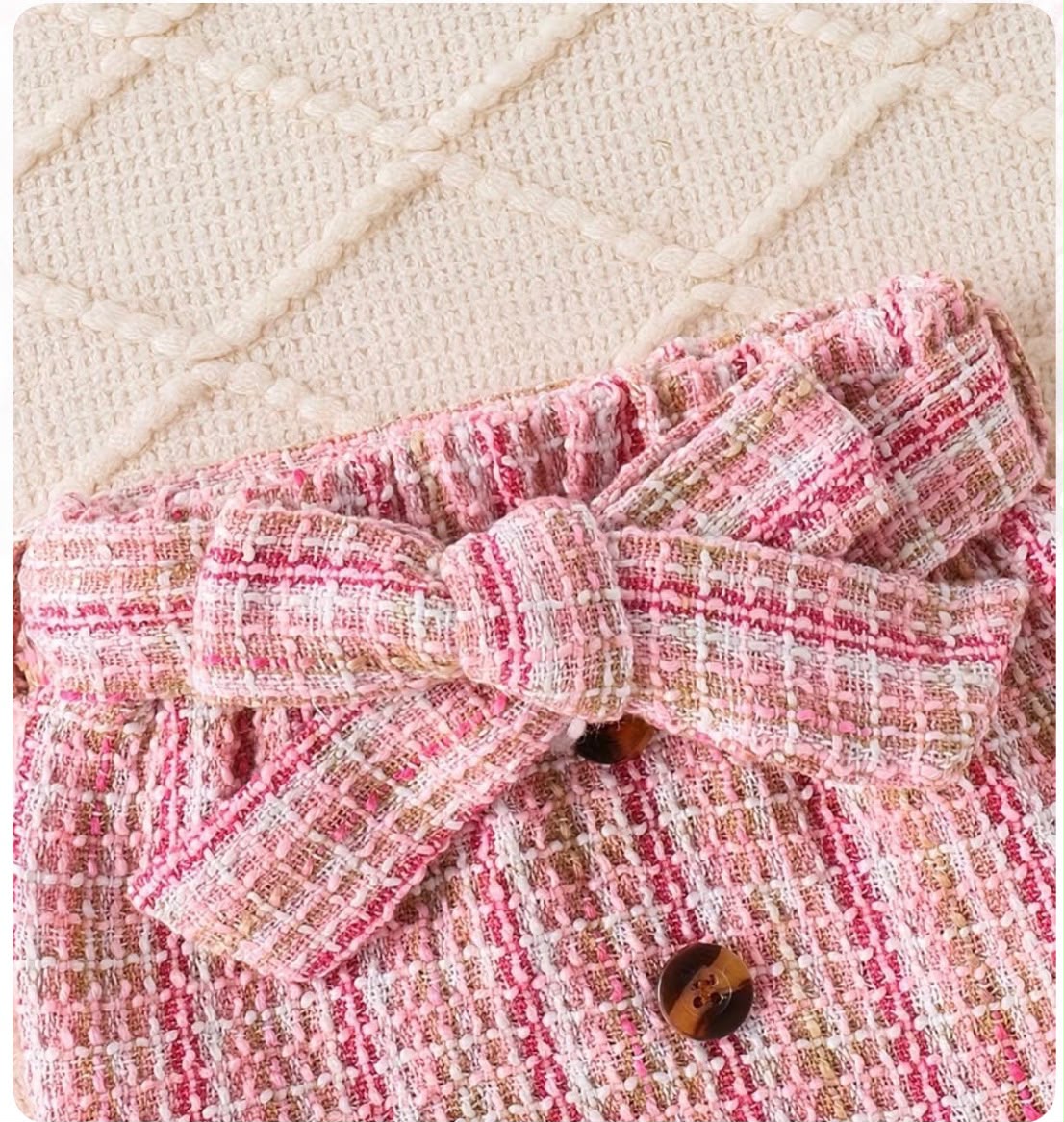Korean Style Pink Tweed Bow Dress Set for Girls