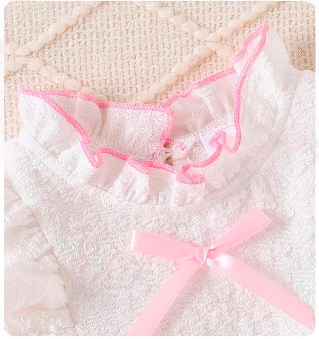 Korean Style Pink Tweed Bow Dress Set for Girls