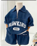 Kids denim half zip letter print shorts set