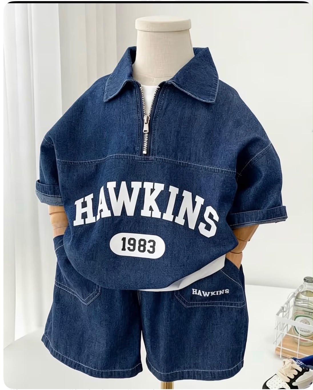 Kids denim half zip letter print shorts set