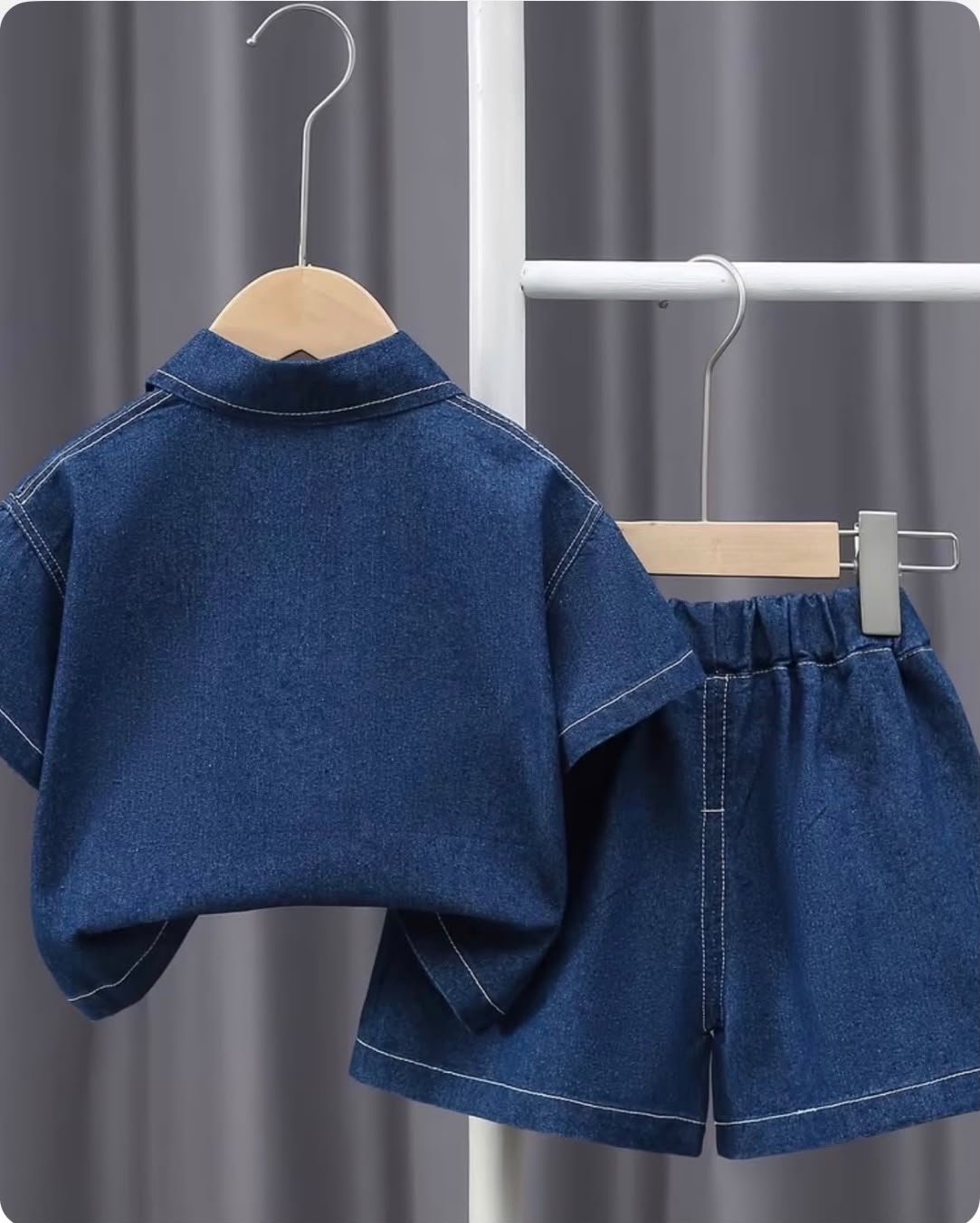 Kids denim half zip letter print shorts set