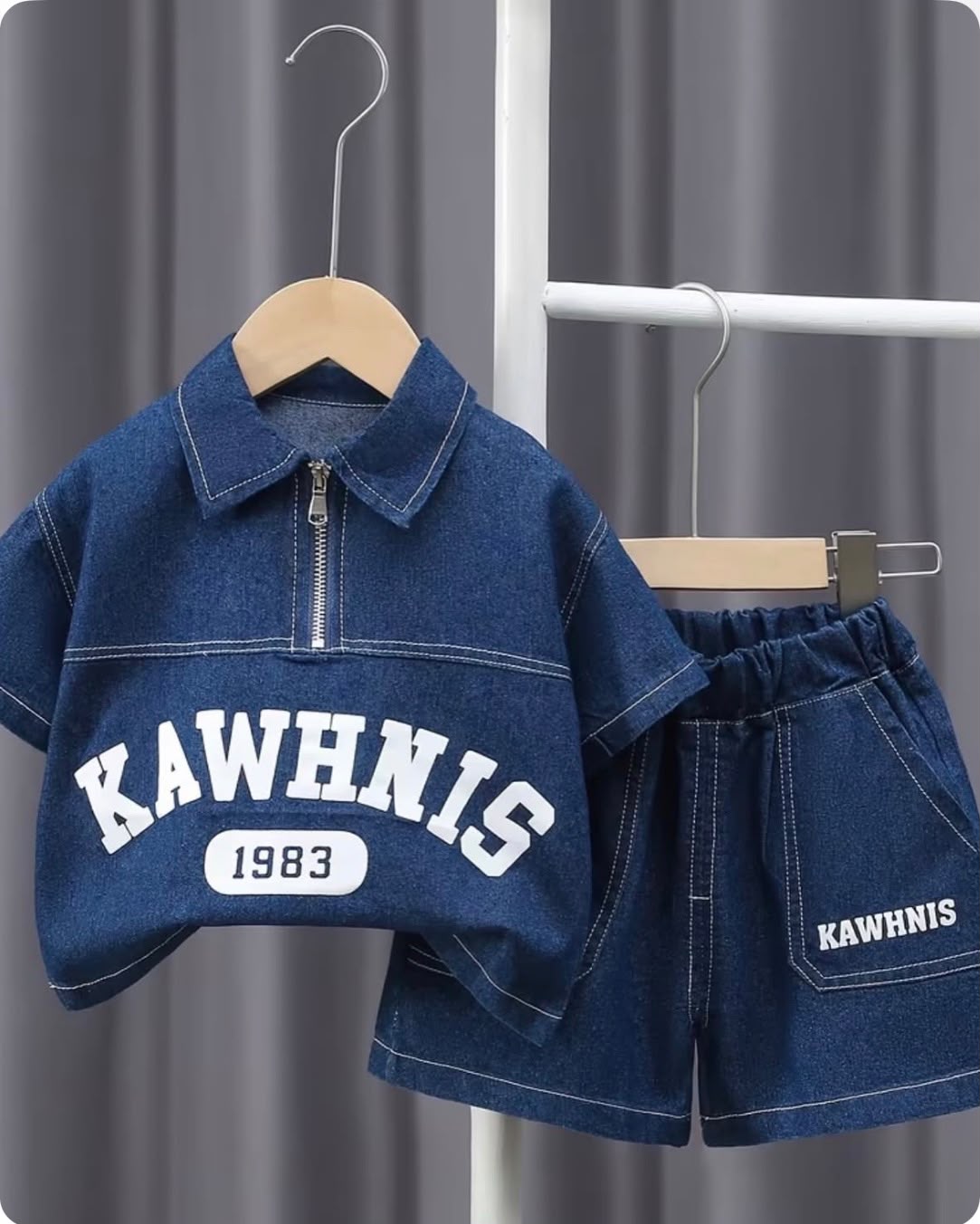 Kids denim half zip letter print shorts set