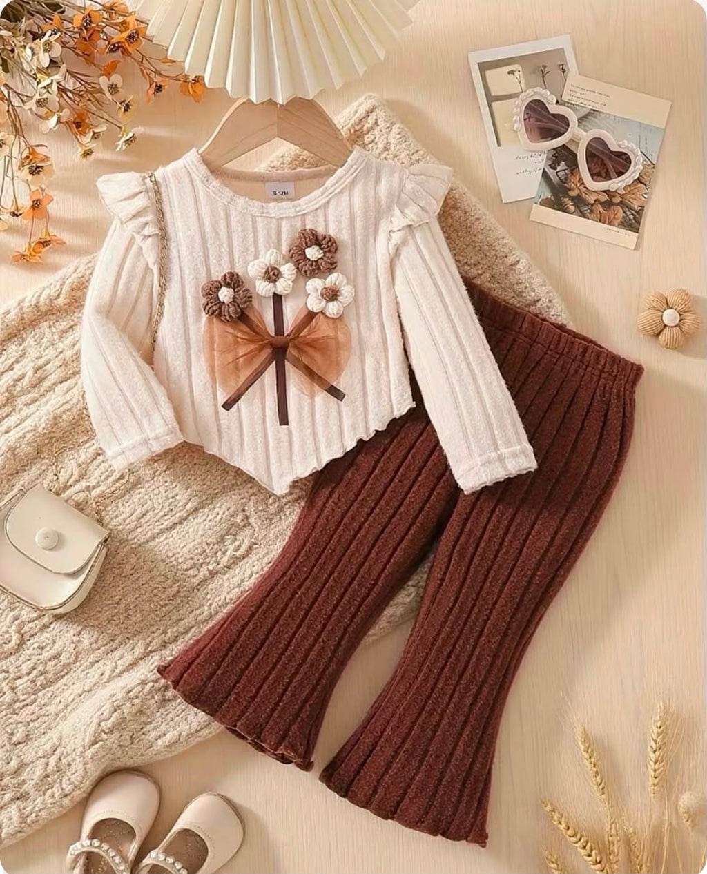 Girls Floral Bow Ribbed Co-ord Set