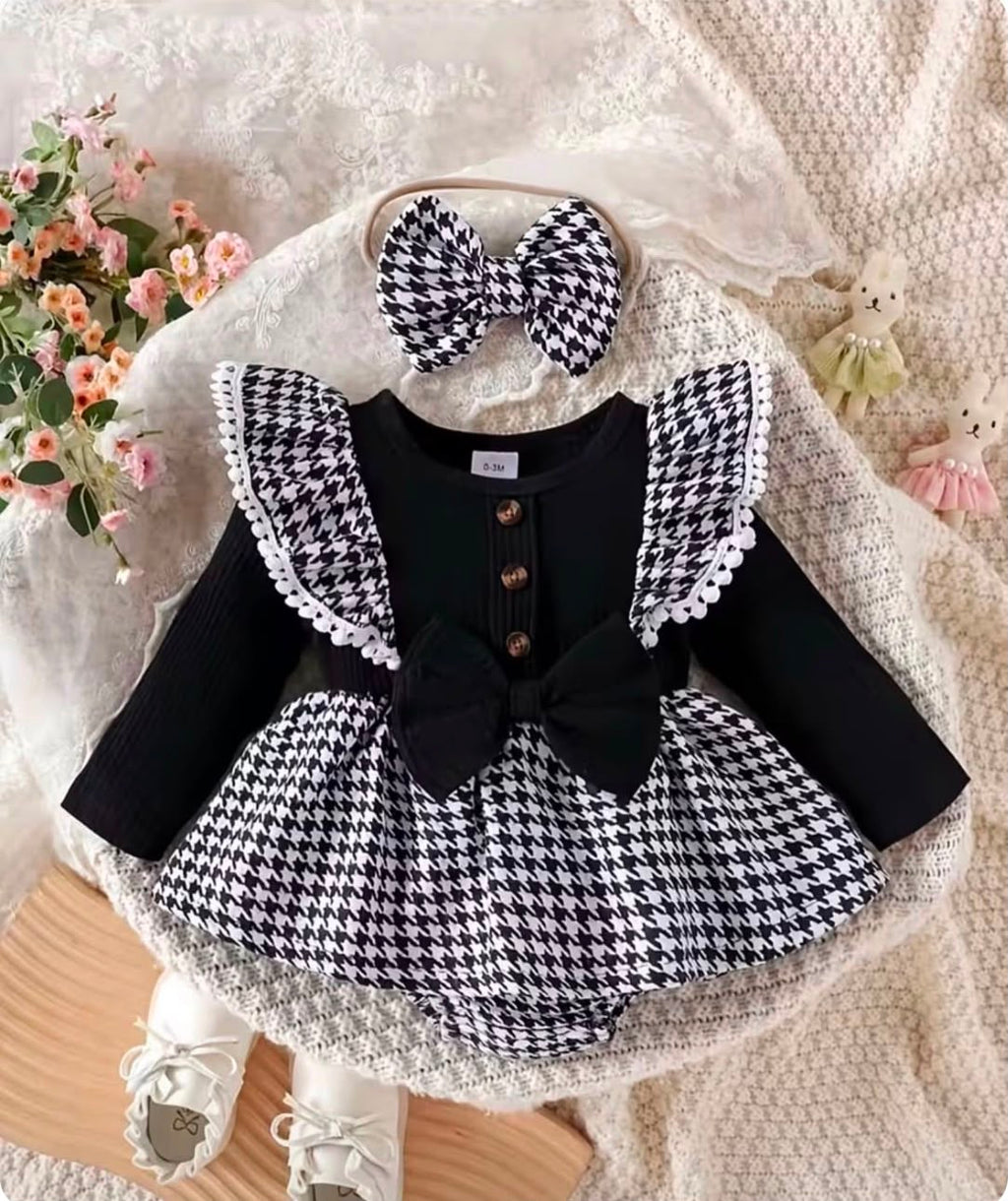 Baby Girl Houndstooth Bow Romper Dress Set with Matching Headband