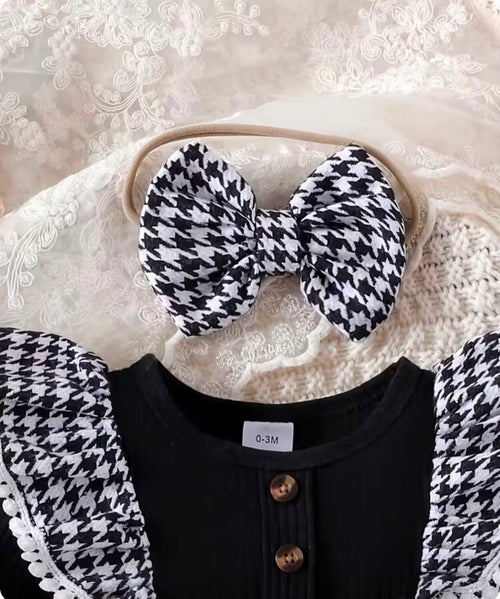 Baby Girl Houndstooth Bow Romper Dress Set with Matching Headband