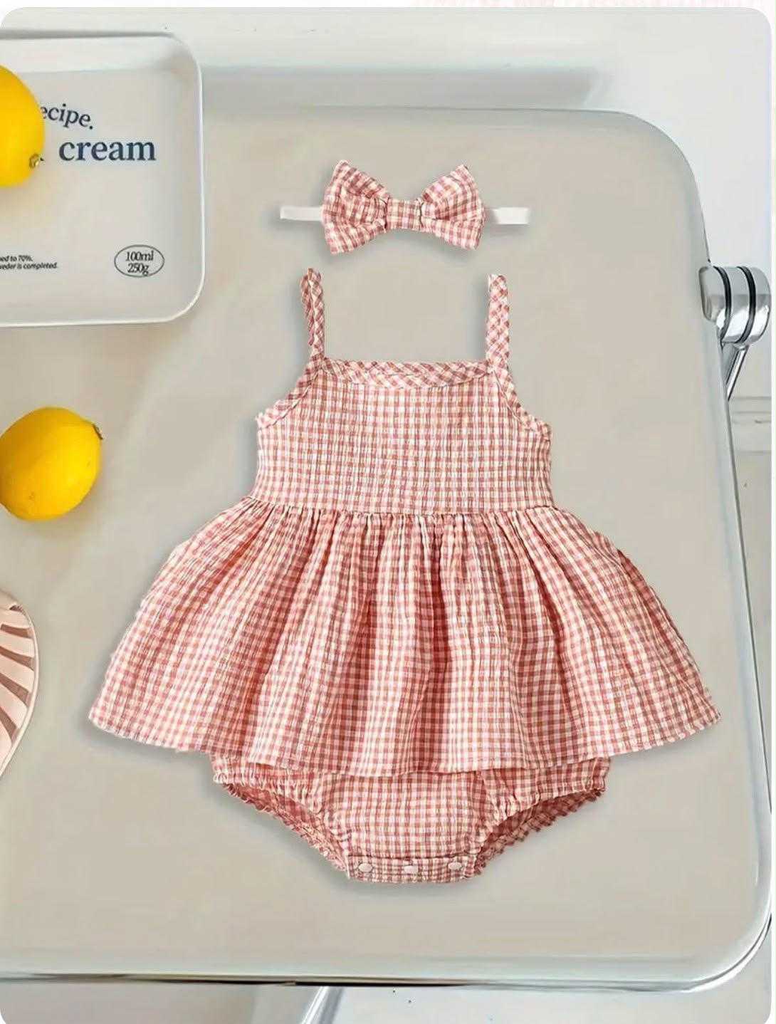 Baby Girls Gingham Layered Romper Dress with Headband