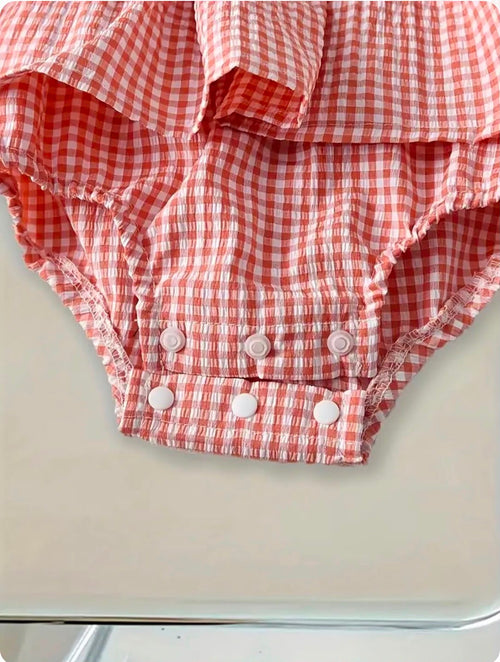 Baby Girls Gingham Layered Romper Dress with Headband
