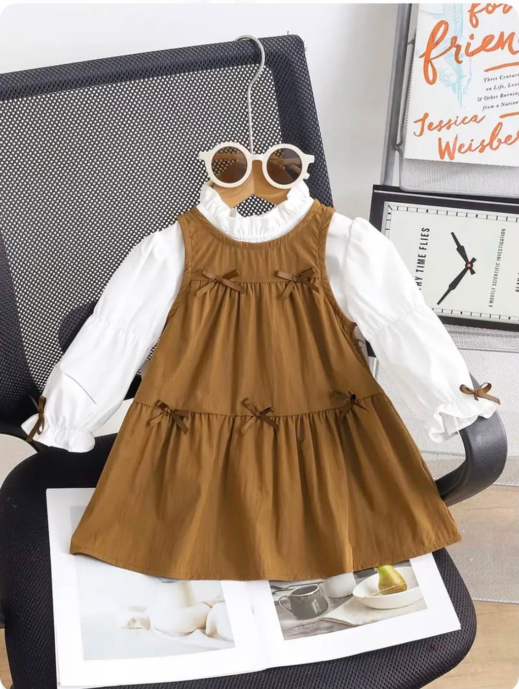 Vintage Ruffle Collar Blouse & Pinafore Dress Set – Girls 2-Piece Outfit