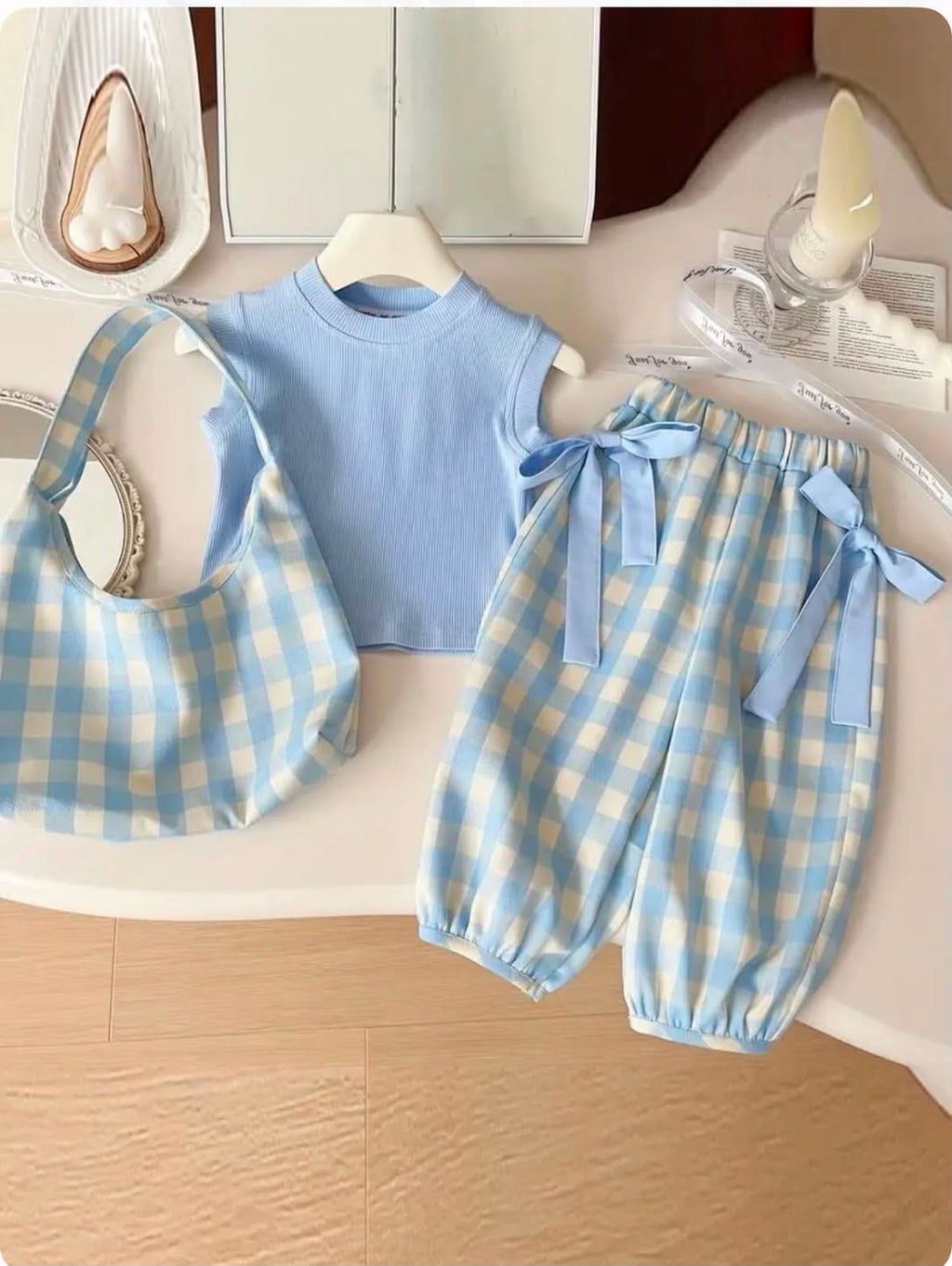 Sky Blue Gingham Kids Co-Ord Set with Matching Bag | GENZIKIDS