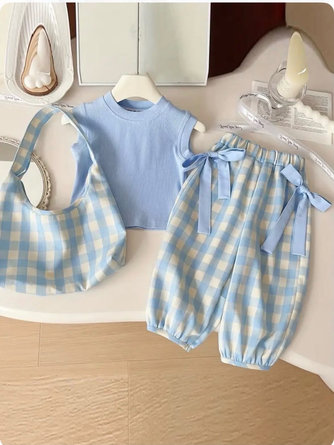 Sky Blue Gingham Kids Co-Ord Set with Matching Bag | GENZIKIDS