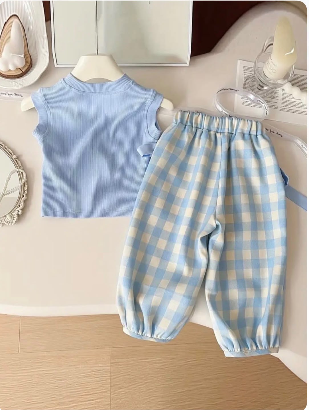 Sky Blue Gingham Kids Co-Ord Set with Matching Bag | GENZIKIDS