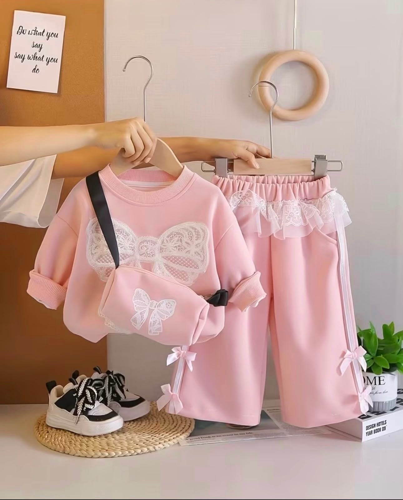 Pink Lace Bow Co-Ord Set with Sling Bag