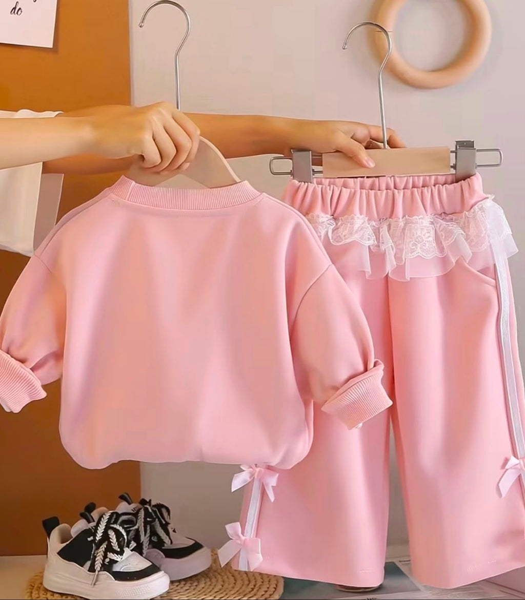 Pink Lace Bow Co-Ord Set with Sling Bag