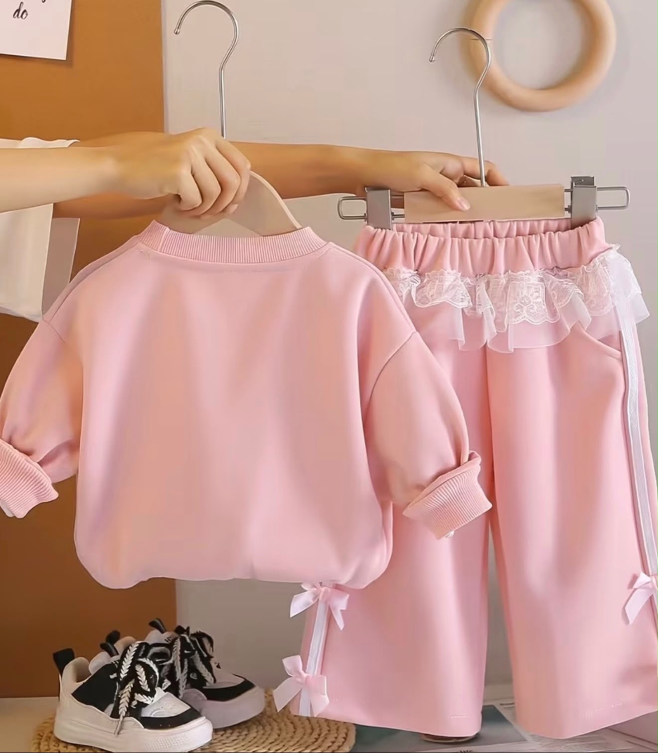 Pink Lace Bow Co-Ord Set with Sling Bag