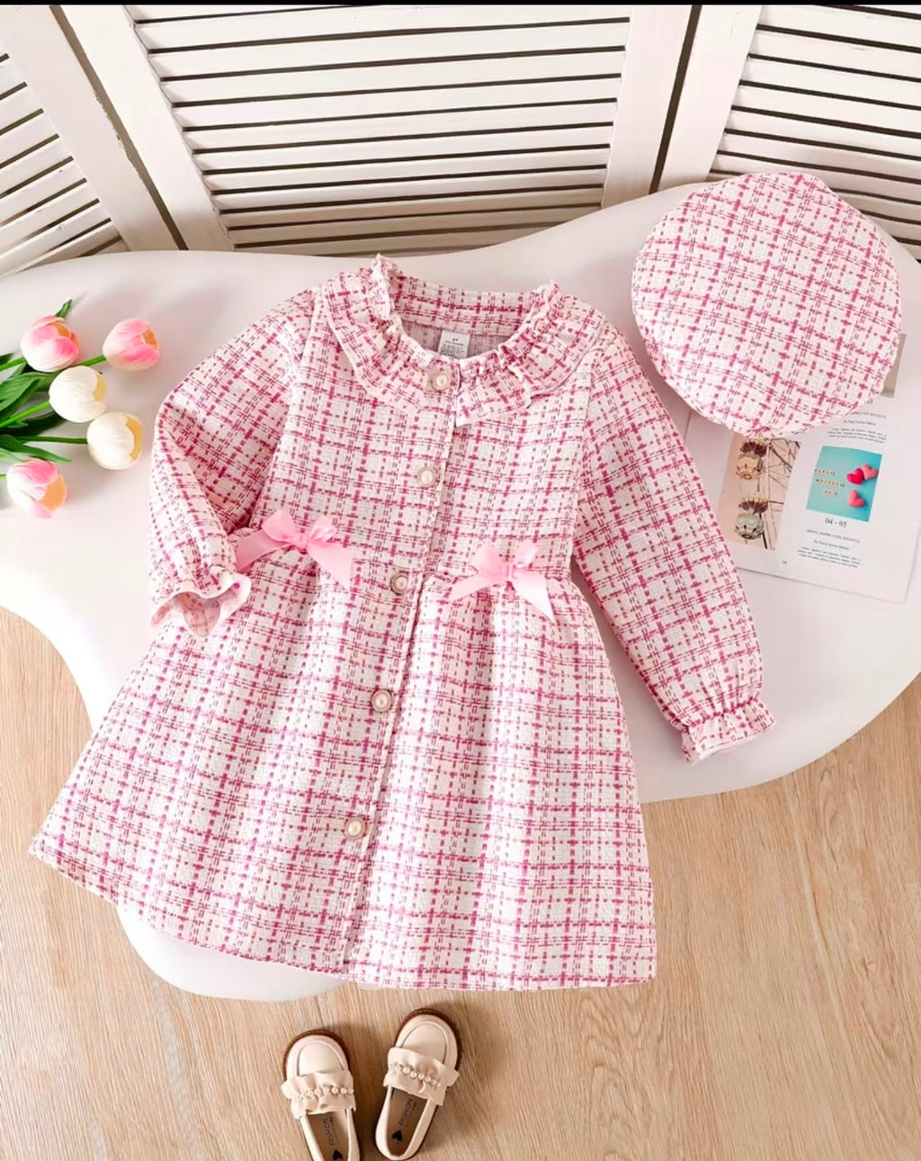 Pink Tweed Princess Dress with Matching Beret for Girls | Premium Party Wear | GENZ KIDS.CO