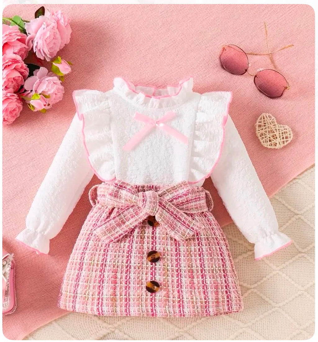 Korean Style Pink Tweed Bow Dress Set for Girls