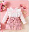 Korean Style Pink Tweed Bow Dress Set for Girls