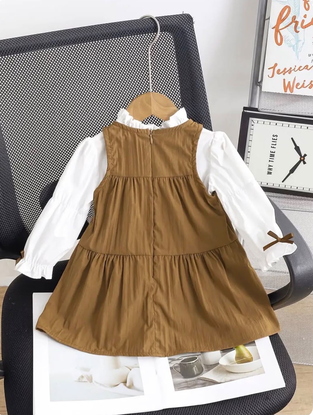 Vintage Ruffle Collar Blouse & Pinafore Dress Set – Girls 2-Piece Outfit